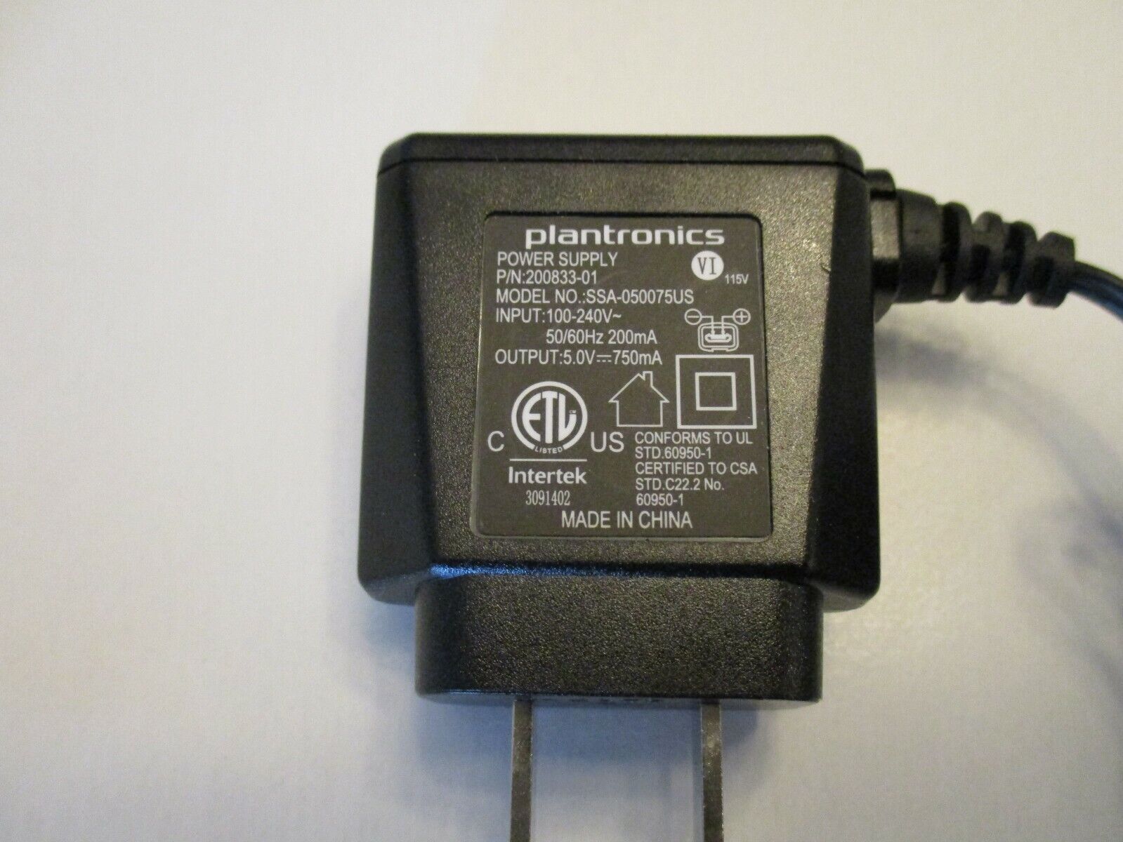 正規逆輸入品 PLANTRONICS Headset 5V Power Supply AC USB Micro 大人気新品 Adapter Charger SSA-050075US
