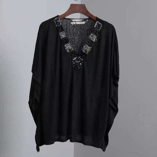 Soft Surroundings Red Black Beaded Poncho Top S/M L/XL Kimono V-Neck Drape Shirt - Picture 7 of 22