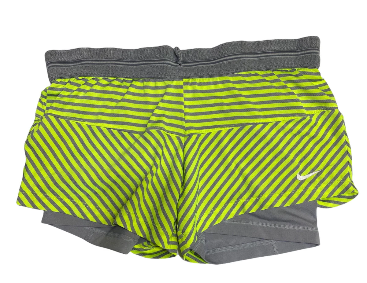 Nike Womens Dri Fit Running Shorts Yellow Grey Color Block Mesh