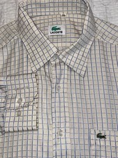 Vintage Lacoste Button Up Shirt Mens 17.5 XL Cotton LongSleeve Off White Checked