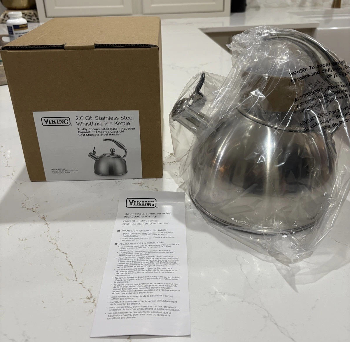 Viking 3-Ply Stainless Steel Whistling Tea Kettle, 2.6 Quart