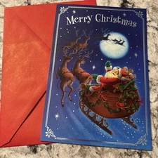 Merry Christmas Santa On His Sleigh 5.5"x8" Hallmark Greeting Card