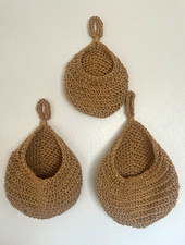 Set of 3 Hanging Jute Teardrop Wall Storage Baskets, Brown, 1 Compartment