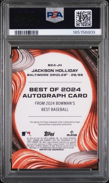 2024 Bowman's Best Jackson Holliday #B24-JH Rookie RC Red Auto /5 PSA 10 POP 1 view 2