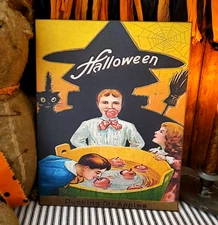 OLD RETRO VINTAGE PRIMITIVE STYLE HALLOWEEN KIDS BOB APPLES WITCH SIGN CANVAS
