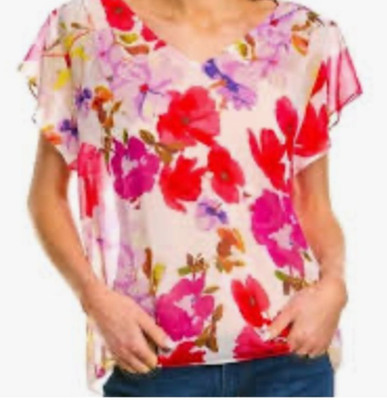 Cabi Women's Ardor Floral Passion V-Neck Flutter Sleeve Semi-Sheer Blouse XXL