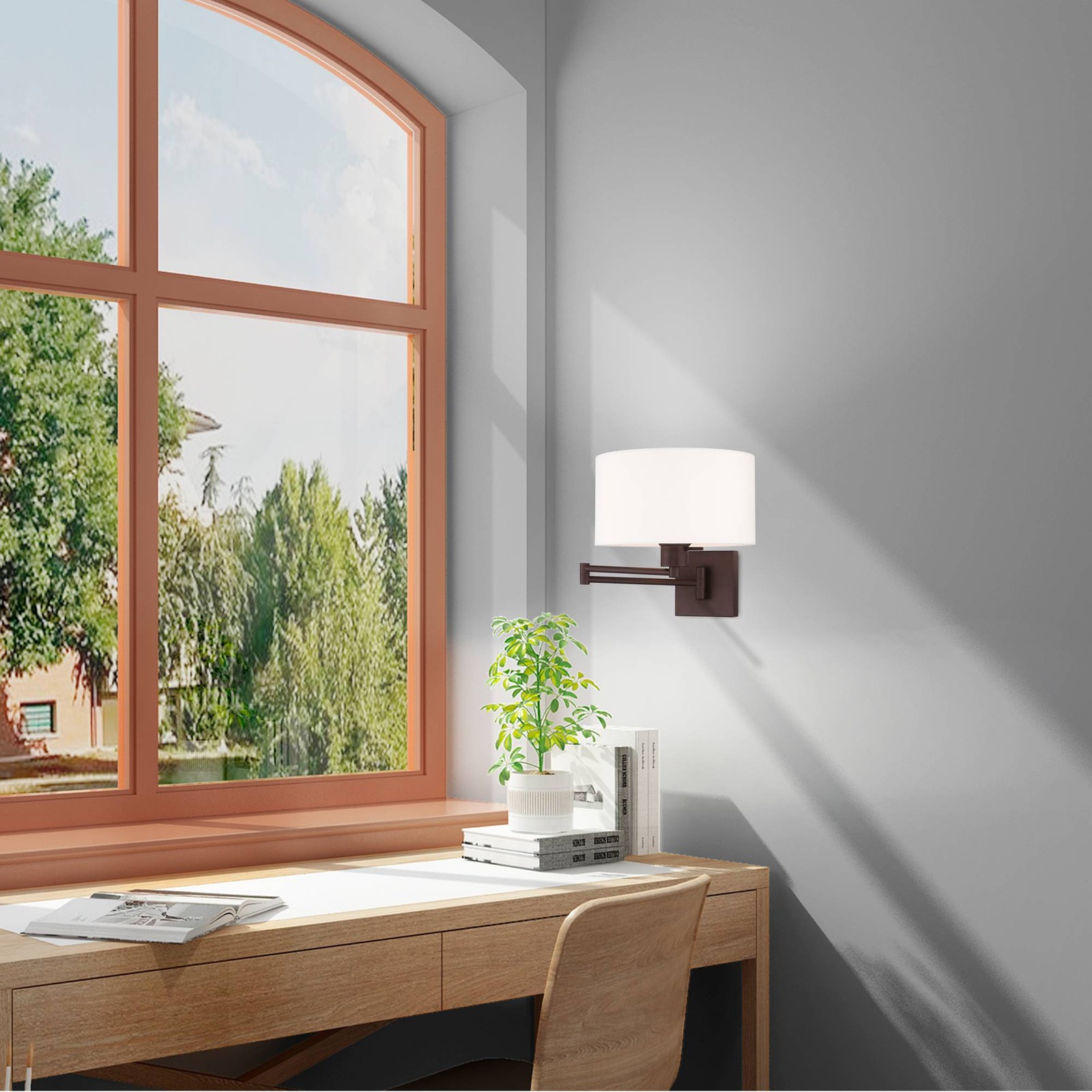 Bronze Swing Arm Wall Lamp with Off-White Fabric Drum Shade thumbnail 7