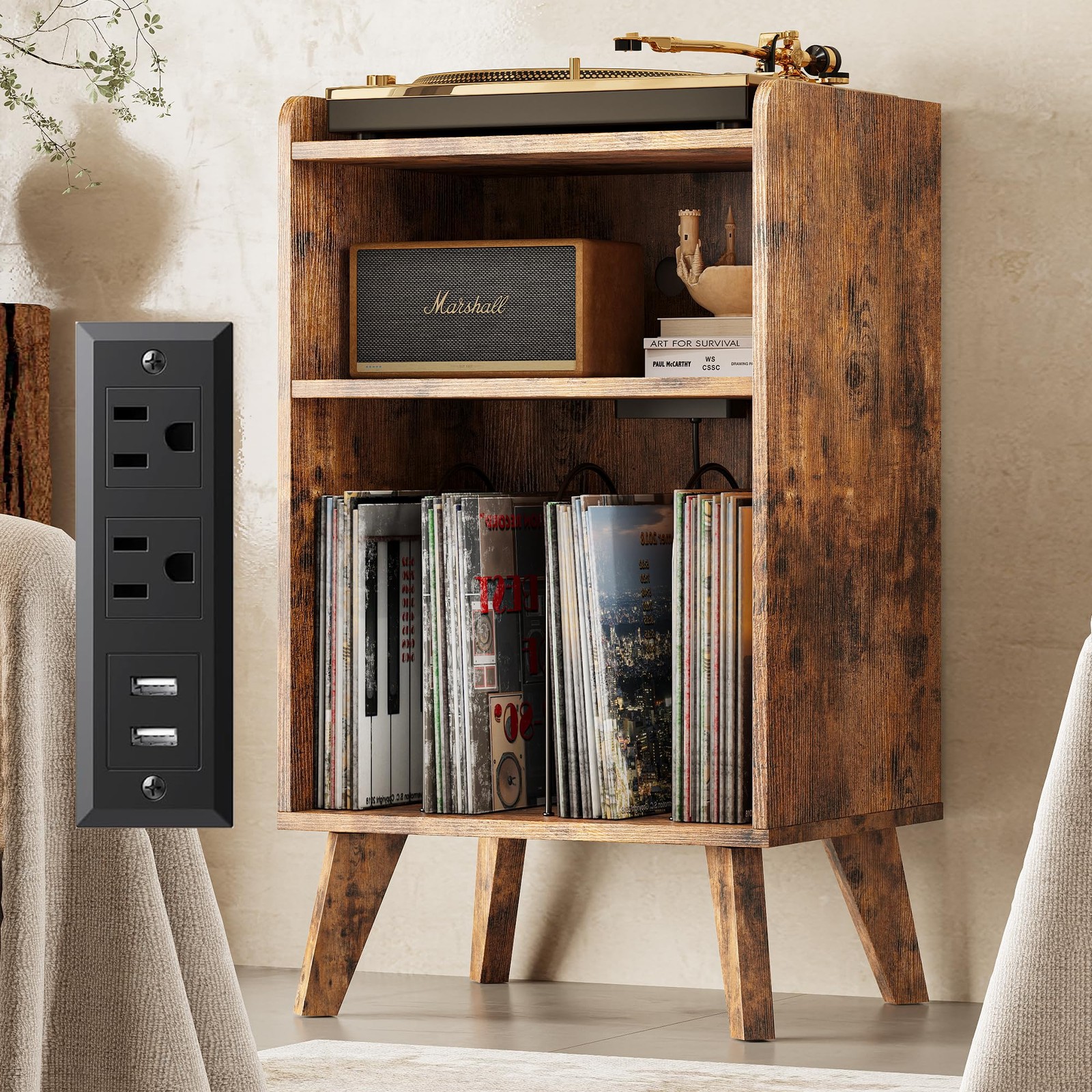 Vintage Record Player Stand with Storage and USB Charging Station