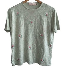 EWM Green Embroidered Short Sleeved Jumper Size 18/20 Vintage Look Timeless Chic