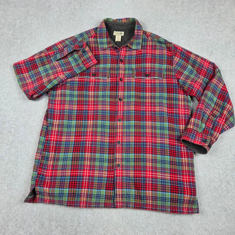 Camisa xadrez L.L.Bean masculina grande forrada de lã flanela verde vermelha - Imagem 4 de 4