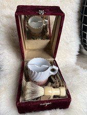 ANTIQUE CERAMIC SHAVING MUG BRUSH SET VELVET LINED CASE DECORATIVE W/ MIRROR
