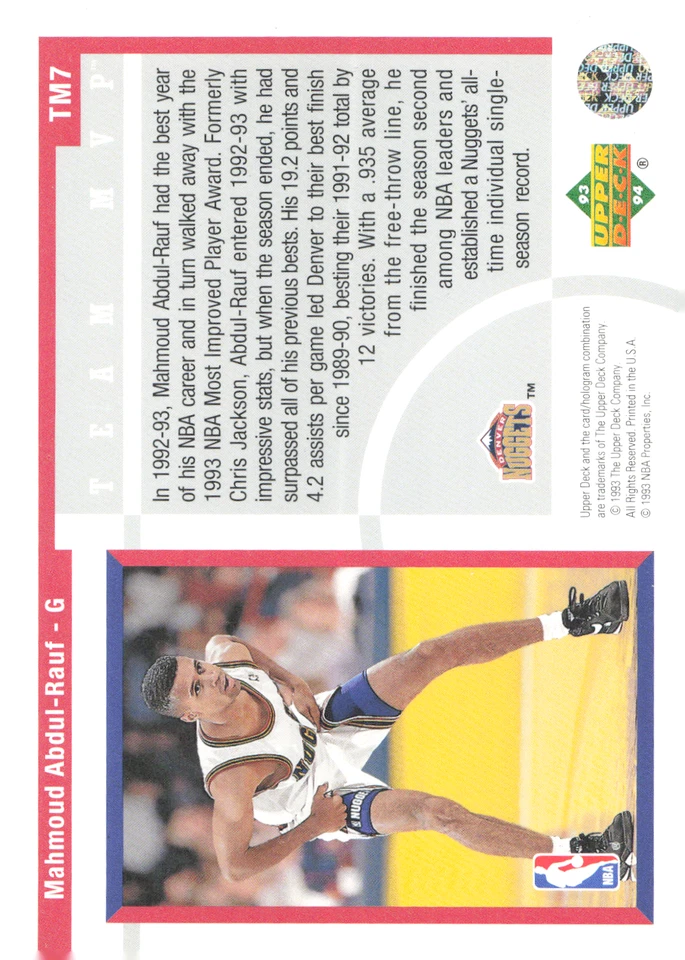 1993-94 Upper Deck - Team Mvp Mahmoud Abdul-Rauf #TM7 Nuggets - Image 2 of 2