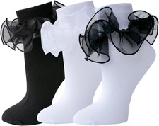 Women Big Ruffle Socks Double Lace Turn Cuff Size 9-11, 3 Pairs 