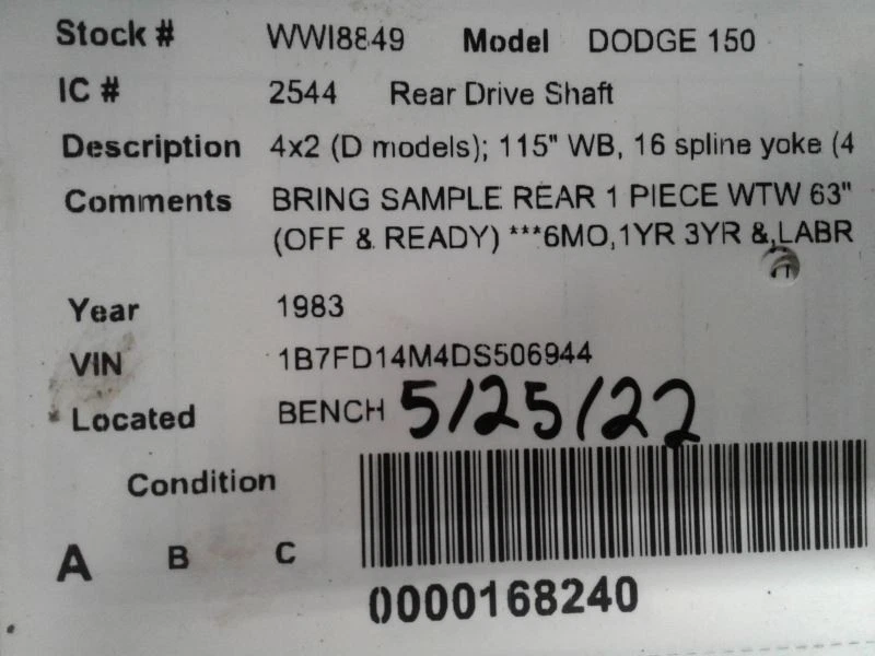 Rear Drive Shaft 2WD D Models 115" Wb Fits 69-86 DODGE 100 PICKUP 1560724 Foto 4 de 4