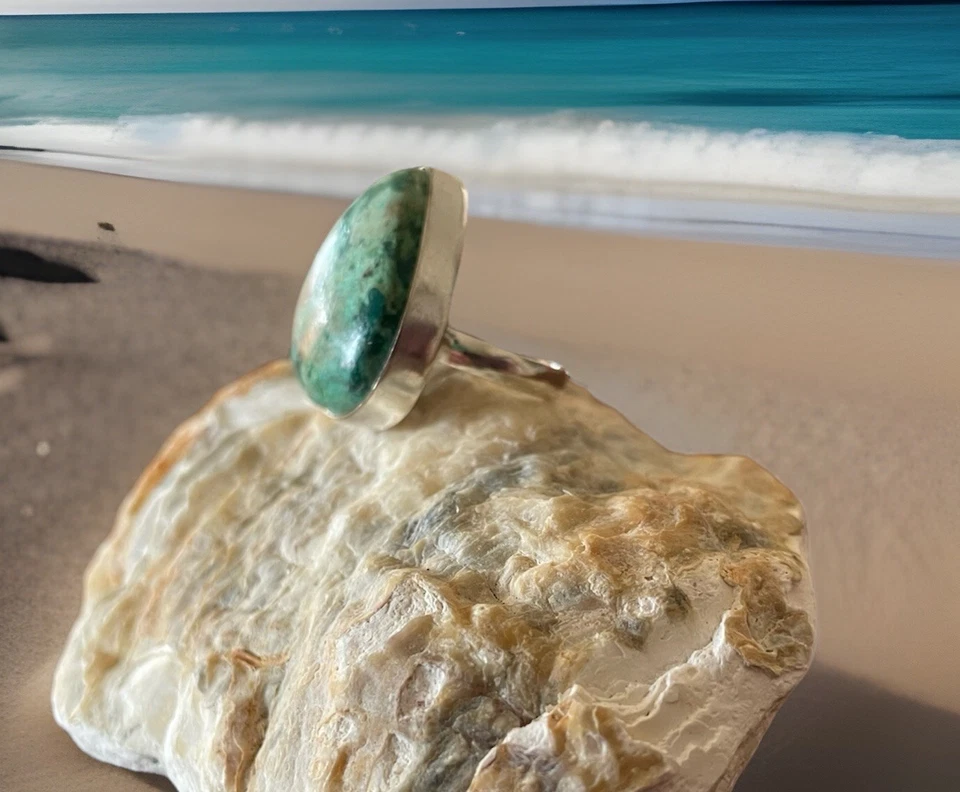 Anillo de piedras preciosas turquesa peruana tamaño 7,5 - chapado en plata de ley 925 - nuevo Foto 3 de 4