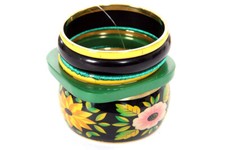 Women's Fashion Floral Print Green Black Bangles Set Black/Green