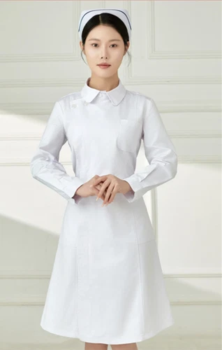 Women Nurse Dress Doctor Beautician Lab Long Coat Doll Collar Work Clothes - Picture 9 of 17