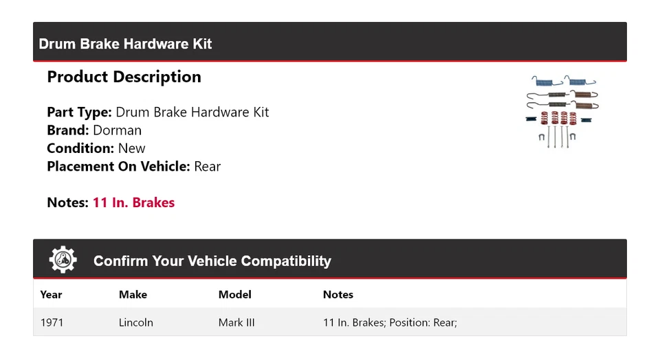 Задний комплект оборудования для барабанного тормоза 1971 Lincoln Mark III Dorman - Изображение 2 из 4
