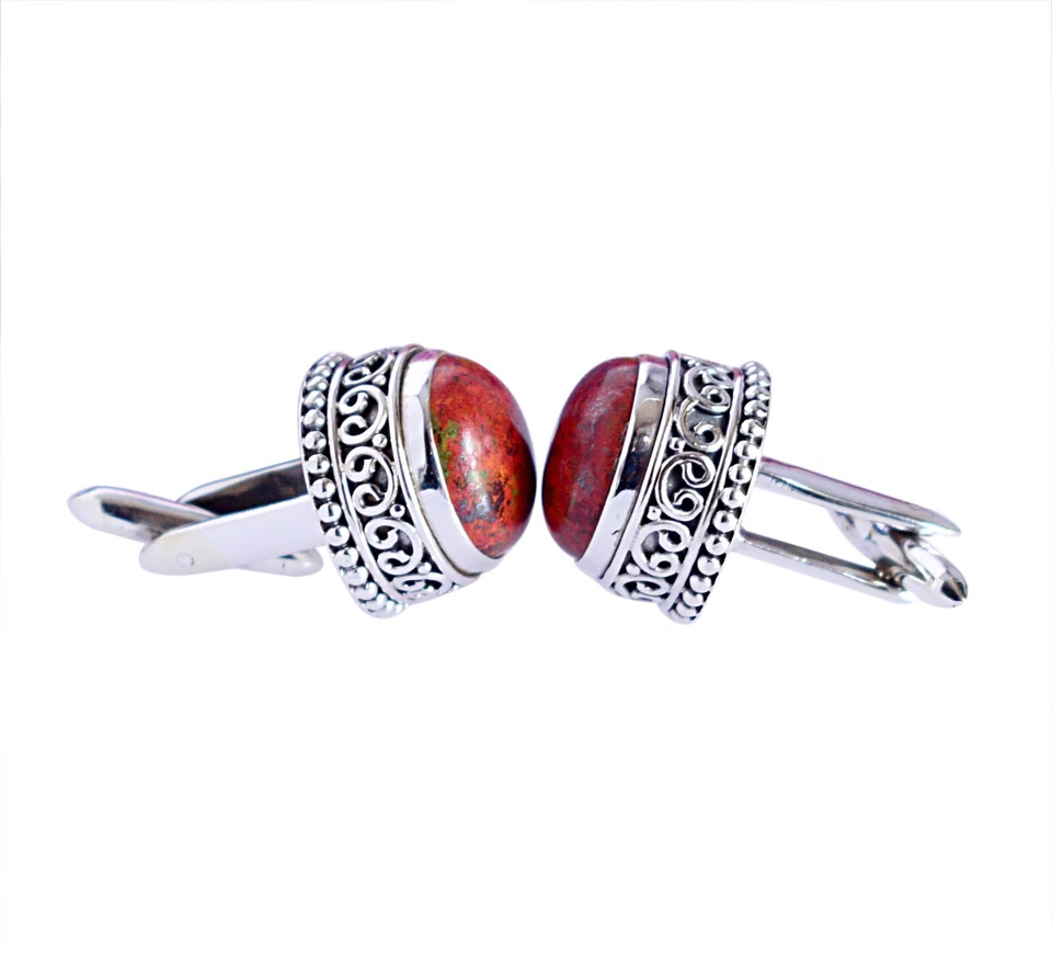 Regalo Navidad Gemelos Jaspe Rojo Sonora Plata 925 Joyería Accesorios Hombre Foto 3 de 4