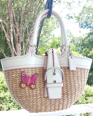 Coach 6270 Straw Butterfly Embellished Straw Tote With White