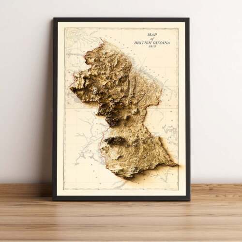 Guyana Map, Guyana 2D Relief Map, Guyana Vintage Map - 2D Flat - Picture 1 of 8