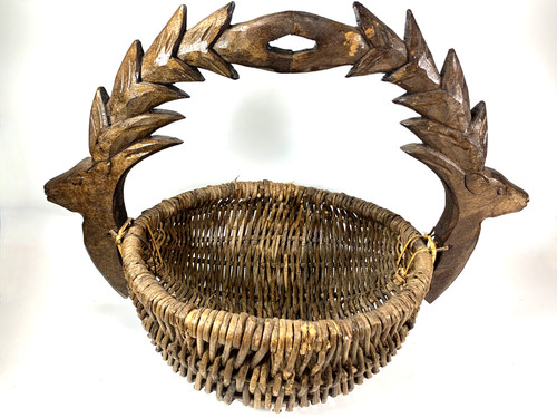 Vtg Hand Carved Wicker Basket Deer Antler Handle 16x12 Farmhouse Cottage Core