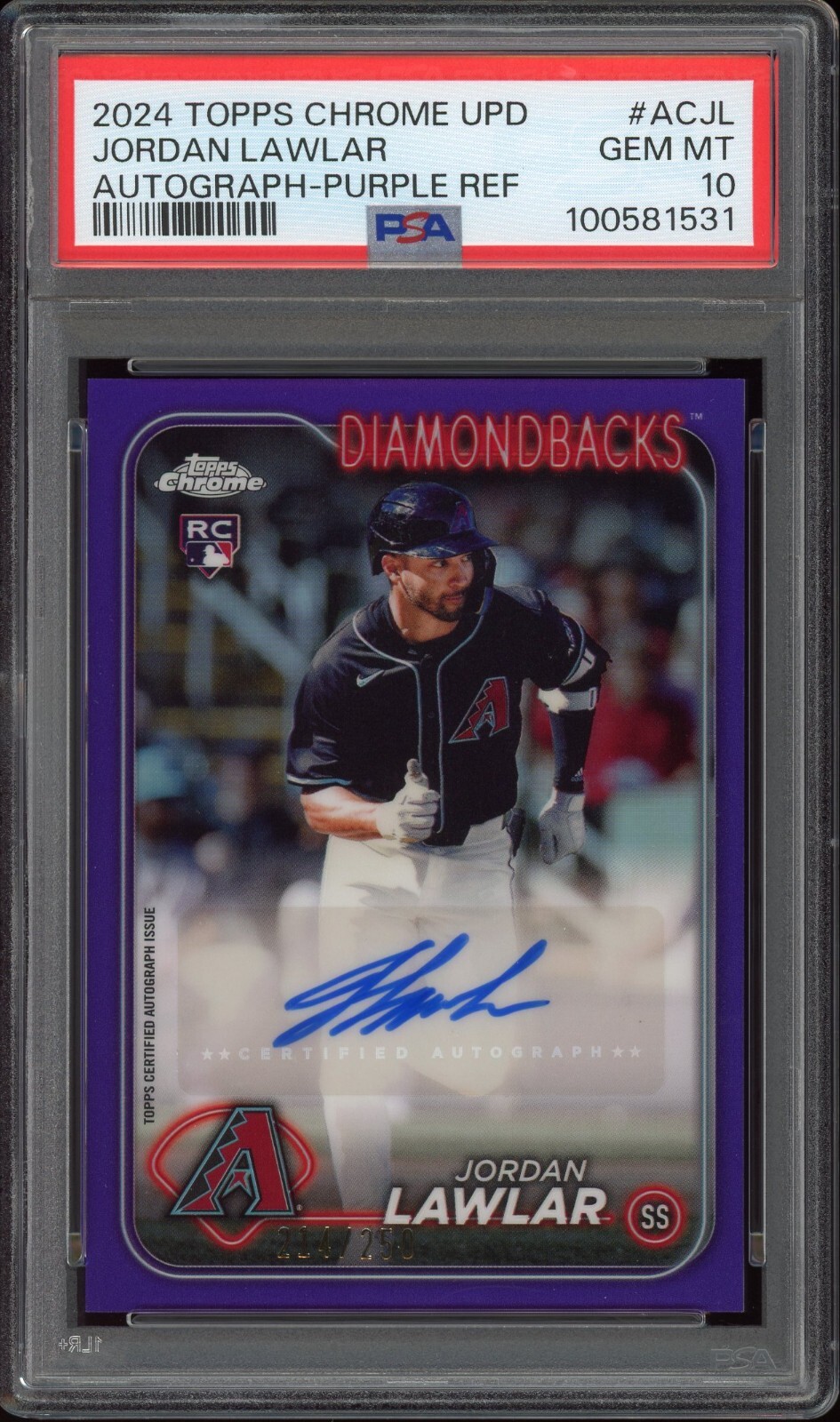 Jordan Lawlar #AC-JL Rookie Auto Purple /250 - 2024 Topps Chrome Update - PSA 10