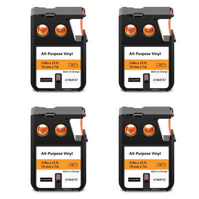 4PK for DYMO XTL-300 500 All-Purpose Vinyl 19mm Black on Orange 1868767 Label