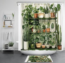 Green Monstera Leaf Succulent Botanical Shower Curtain Set for Bathroom Decor