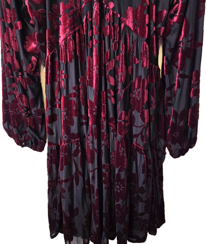 Red & Black Burnout Velvet Dress Lined Tier Empire Waist Fairy Floral Sheer Goth - Picture 3 of 15