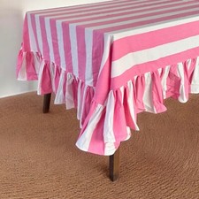 Pink  White Tablecloth With Ruffles Hand Block Printing Cotton Tablecloth