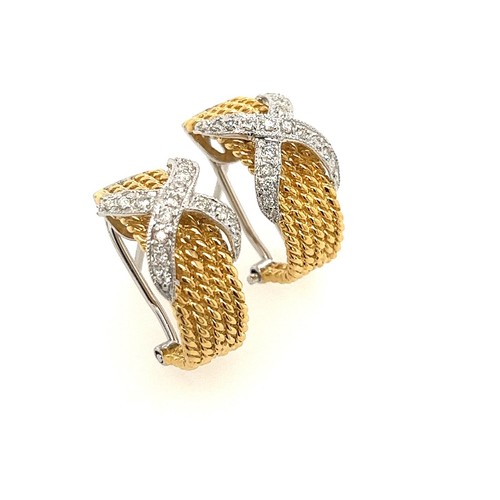 Orecchini in oro giallo 18 kt con diamanti "X" cavo Omega clip posteriore 8,4 grammi - Foto 2 di 4