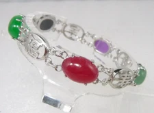 Multi-Color Purple Green Black Red Jade 18KWGP Fortune Longevity Bangle Bracelet