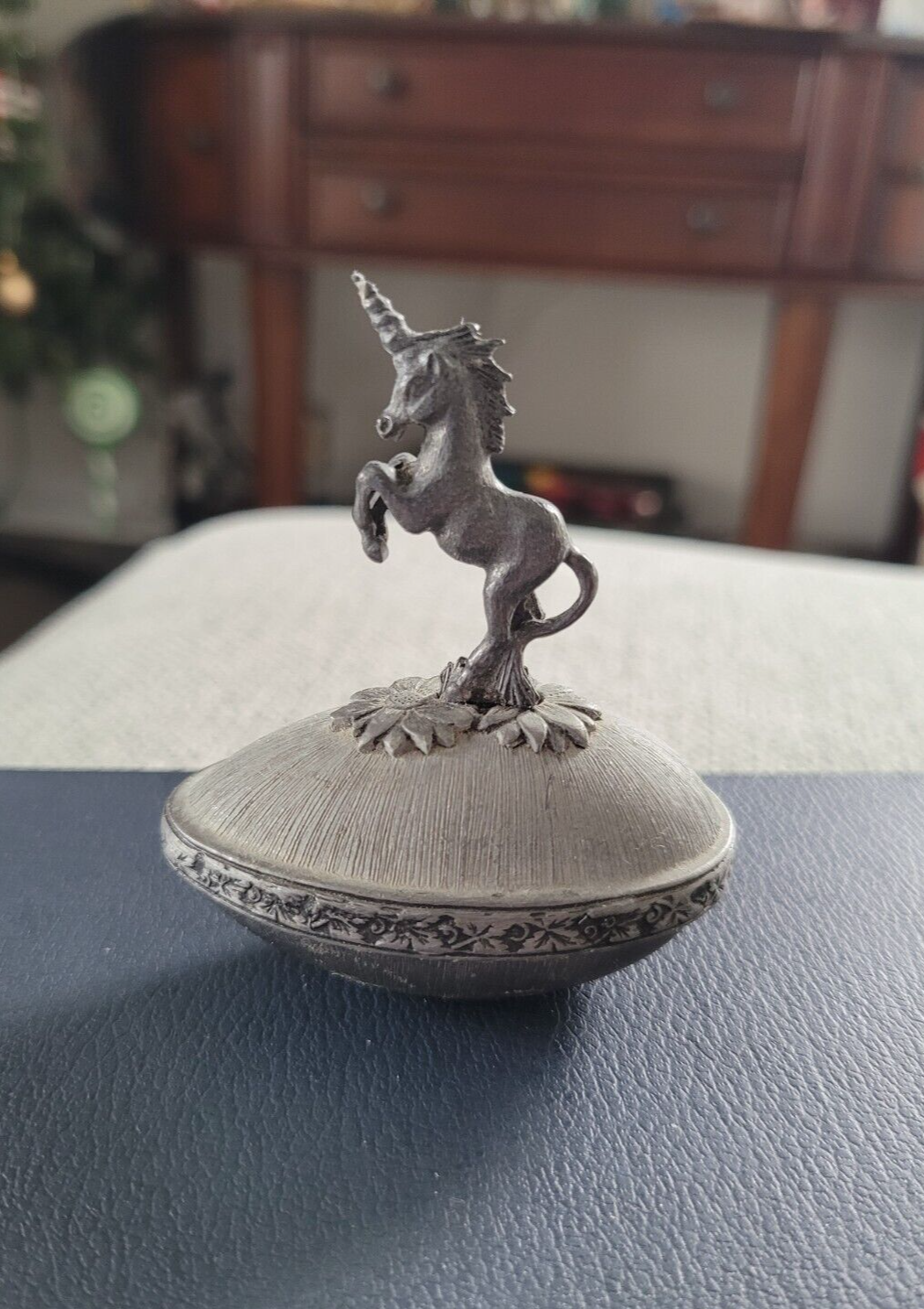 Vintage Metal Unicorn Figure Egg Shape Trinket Box 1980 Yorkshire Keepsake Jar