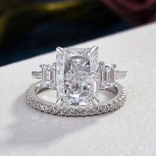 5 Ct Radiant Simulated Diamond Three Stone Eternity Wedding Band Silver Ring Set