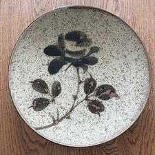 Handmade Vintage Art Pottery Plate Roses Floral Stoneware 11 Inch Speckled