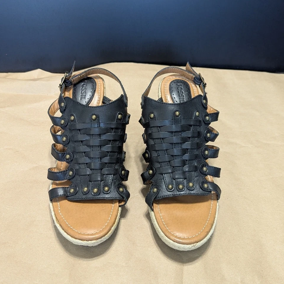 Fossil Cassidy Woven Wedge Sandals Leather Black Womens 7.5 Espadrilles Heels - Image 3 of 4