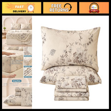 Beige King Size 4PC Sheet Set - 100 Cotton Flannel, Deep Pocket, Soft Floral Be