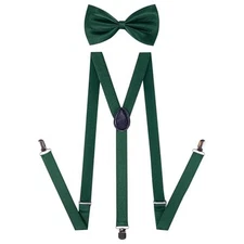 Suspender and Bow Tie Set 80s Clip on Suspenders for Men Women Adjustable Green