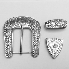Western Silver Tone Belt Buckle Set Rhinestones Floral Design With Keeper  Tip
