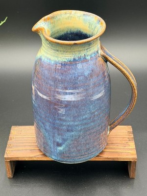 Handmade Pottery Pitcher   Blue Purple Earthtone Drip Glaze Stoneware 8''H