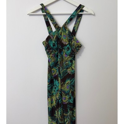 MCM Modern Culture Mix Peacock Feather Dress L Brown Teal Green Art Deco Boho