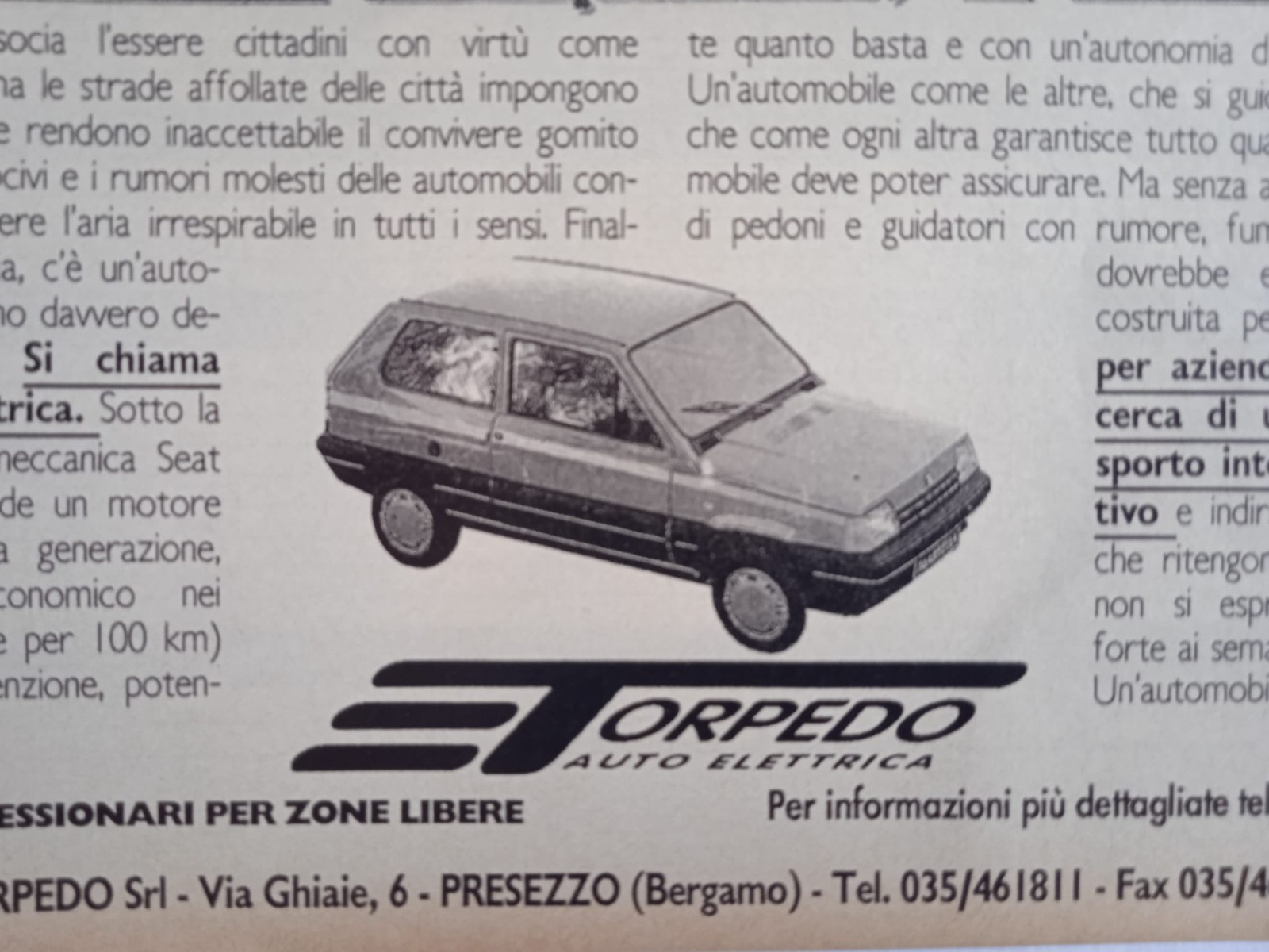 Torpedo auto elettrica - Pagina Pubblicitaria 1991 Advertising page reklame