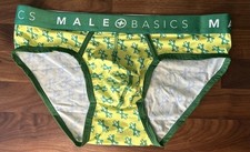 Male Basics Brief Second Skin Satin Pouch Size XL Green Geo Print Ringer