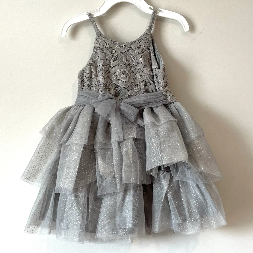 NEW Pink & Violet Size 3 Mesh Sleeveless Dress Girls Lace 3-Tiered  Gray Flower - Image 3 of 4