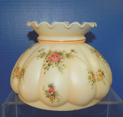 7  fitter Milk Glass Ribbed Melon Shade w/ Ruffle Top Painted Floral Light Peach