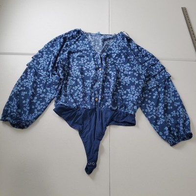Draper James RSVP Bodysuit Womens XXL Blue Floral 3/4 Sleeve Button Front