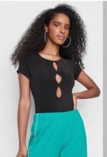 NWT Wild Fable Black Cut Bodysuit Shiny Stretch Size Medium Short Sleeve