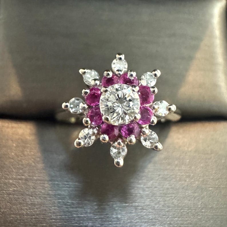 Natural Diamond & Ruby Solid 14k White Gold Doubl… - image 2