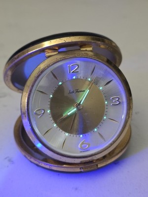 Seth Thomas Travel Alarm Clock Round Black Leather Clamshell Works Germany 1960s